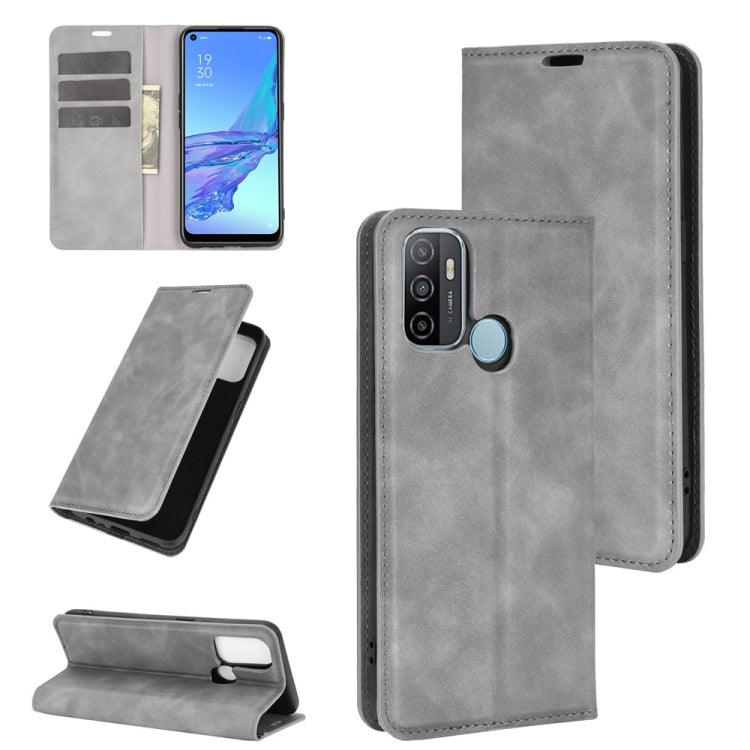 For OPPO A53 2020/OPPO A32 2020 Retro-skin Business Magnetic Suction Leather Case with Holder & Card Slots & Wallet