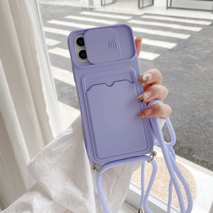 For iPhone 11 Sliding Camera Cover Design TPU Protective Case With Card Slot & Neck Lanyard
