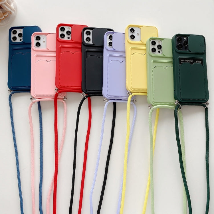 For iPhone 11 Sliding Camera Cover Design TPU Protective Case With Card Slot & Neck Lanyard