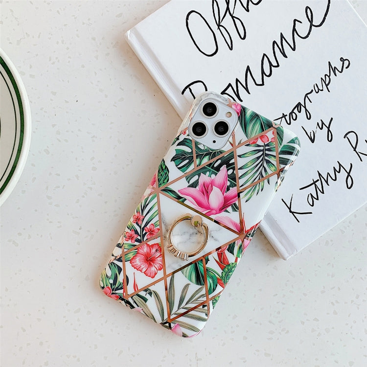 For iPhone 12 / 12 Pro Plating Geometric Flower Series IMD TPU Mobile Phone Case With Ring Bracket Rhinestones