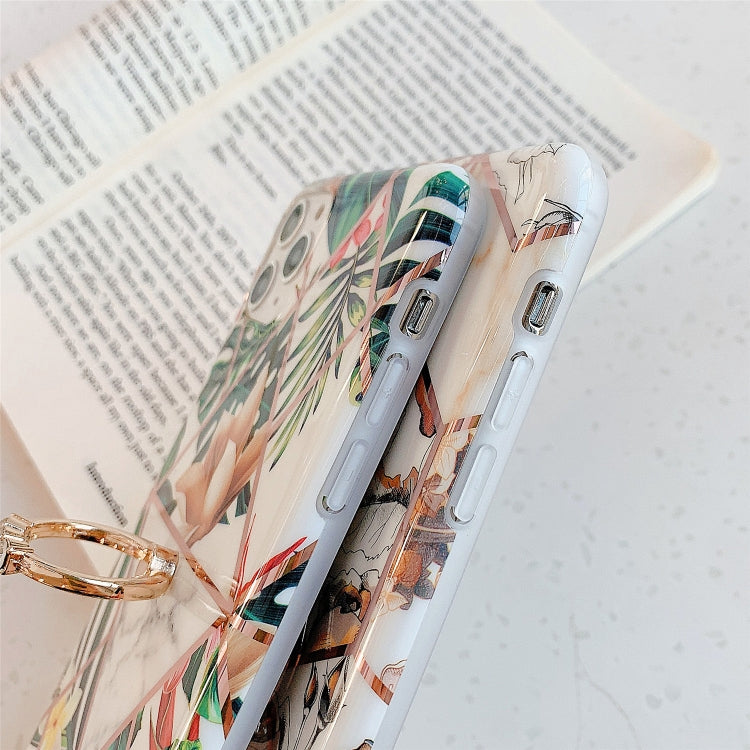 For iPhone 12 / 12 Pro Plating Geometric Flower Series IMD TPU Mobile Phone Case With Ring Bracket Rhinestones