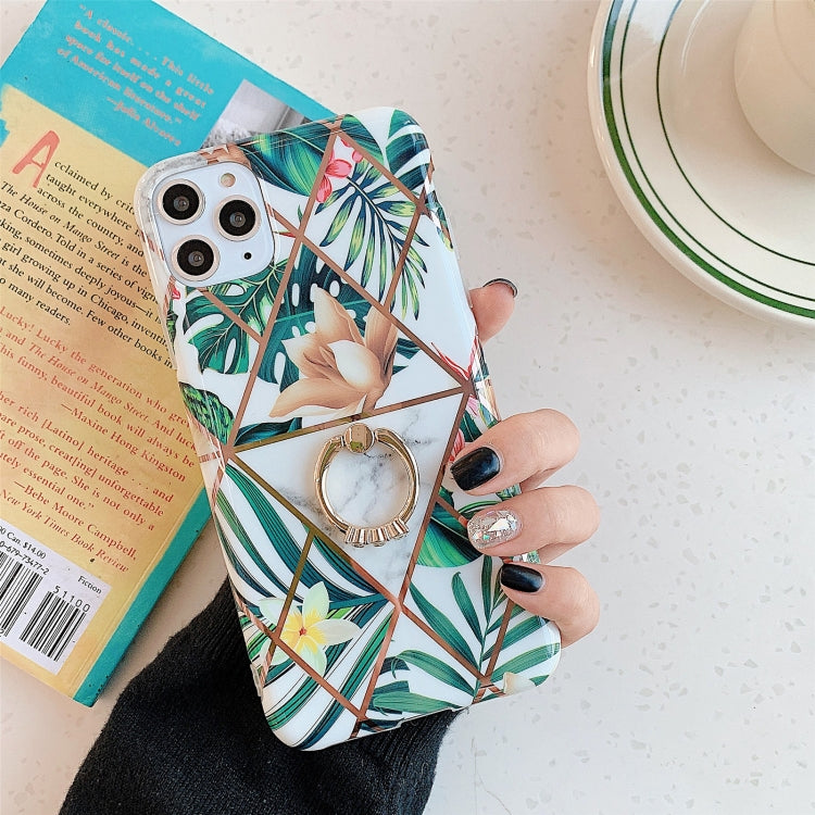 For iPhone 12 Pro Max Plating Geometric Flower Series IMD TPU Mobile Phone Case With Ring Bracket Rhinestones