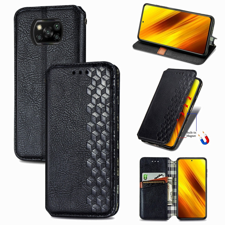 For Xiaomi Poco X3 NFC Cubic Grid Pressed Horizontal Flip Magnetic PU Leather Case with Holder & Card Slots & Wallet
