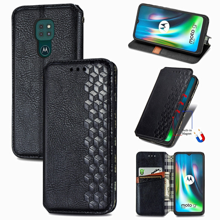 For Motorola Moto G9 Play Cubic Grid Pressed Horizontal Flip Magnetic PU Leather Case with Holder & Card Slots & Wallet