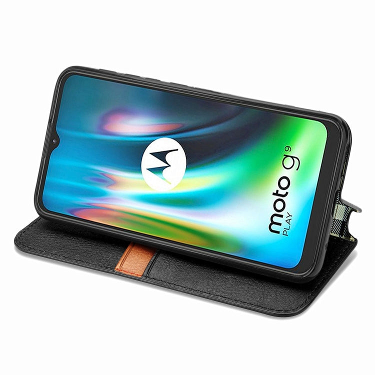 For Motorola Moto G9 Play Cubic Grid Pressed Horizontal Flip Magnetic PU Leather Case with Holder & Card Slots & Wallet