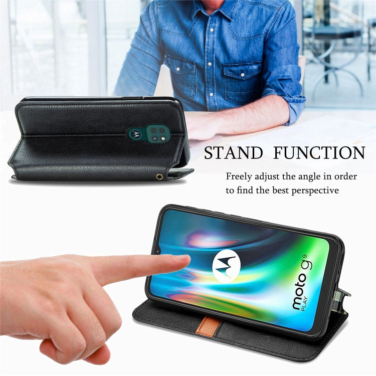 For Motorola Moto G9 Play Cubic Grid Pressed Horizontal Flip Magnetic PU Leather Case with Holder & Card Slots & Wallet