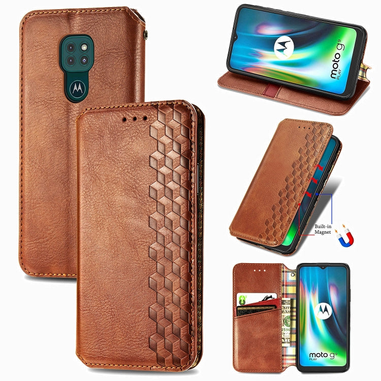 For Motorola Moto G9 Play Cubic Grid Pressed Horizontal Flip Magnetic PU Leather Case with Holder & Card Slots & Wallet