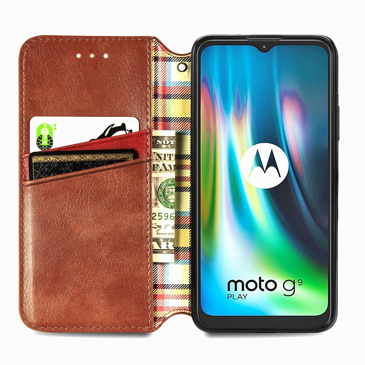 For Motorola Moto G9 Play Cubic Grid Pressed Horizontal Flip Magnetic PU Leather Case with Holder & Card Slots & Wallet