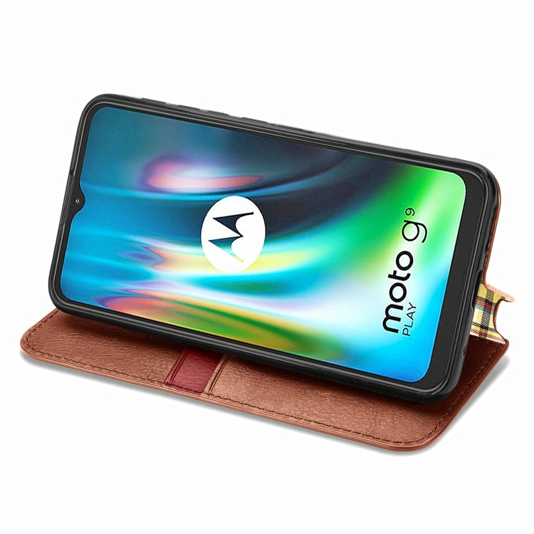 For Motorola Moto G9 Play Cubic Grid Pressed Horizontal Flip Magnetic PU Leather Case with Holder & Card Slots & Wallet