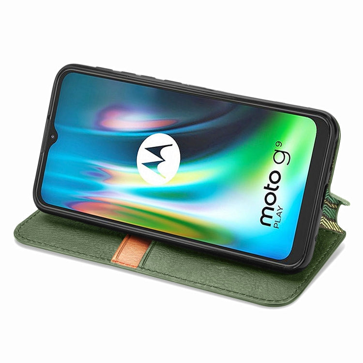 For Motorola Moto G9 Play Cubic Grid Pressed Horizontal Flip Magnetic PU Leather Case with Holder & Card Slots & Wallet