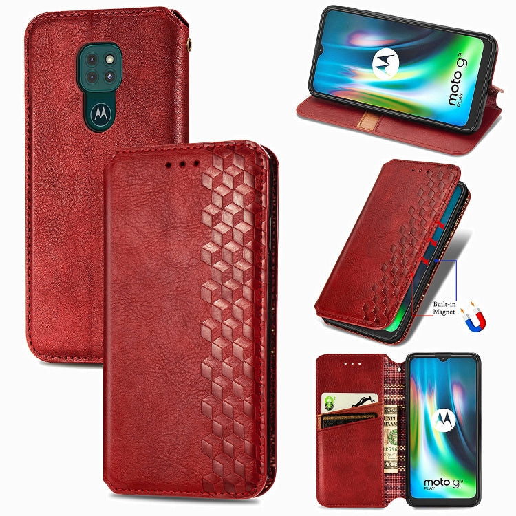 For Motorola Moto G9 Play Cubic Grid Pressed Horizontal Flip Magnetic PU Leather Case with Holder & Card Slots & Wallet