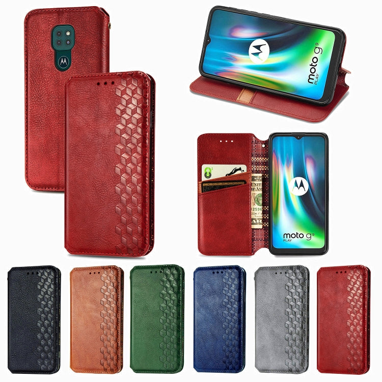 For Motorola Moto G9 Play Cubic Grid Pressed Horizontal Flip Magnetic PU Leather Case with Holder & Card Slots & Wallet