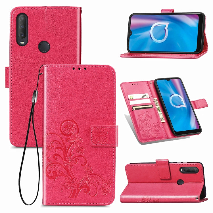 For  Alcatel 1S (2020) Four-leaf Clasp Embossed Buckle Mobile Phone Protection Leather Case with Lanyard & Card Slot & Wallet & Holder Function