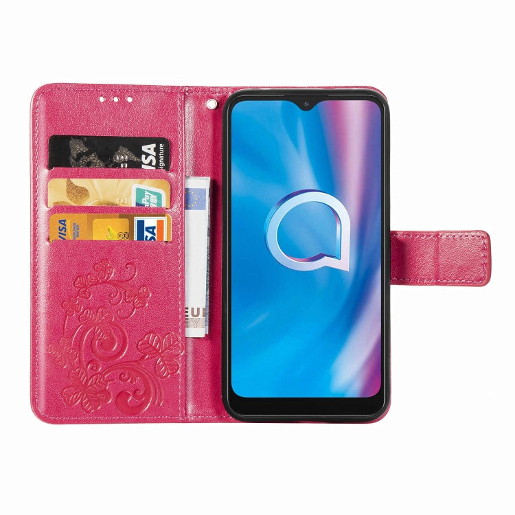 For  Alcatel 1S (2020) Four-leaf Clasp Embossed Buckle Mobile Phone Protection Leather Case with Lanyard & Card Slot & Wallet & Holder Function