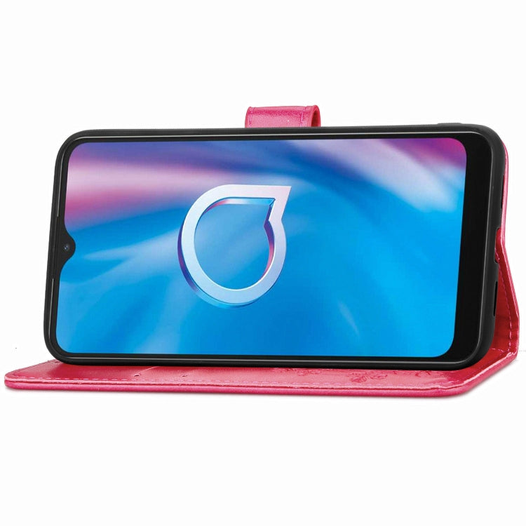 For  Alcatel 1S (2020) Four-leaf Clasp Embossed Buckle Mobile Phone Protection Leather Case with Lanyard & Card Slot & Wallet & Holder Function