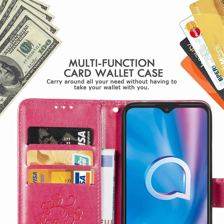 For  Alcatel 1S (2020) Four-leaf Clasp Embossed Buckle Mobile Phone Protection Leather Case with Lanyard & Card Slot & Wallet & Holder Function