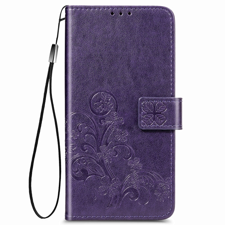 For  Alcatel 1S (2020) Four-leaf Clasp Embossed Buckle Mobile Phone Protection Leather Case with Lanyard & Card Slot & Wallet & Holder Function
