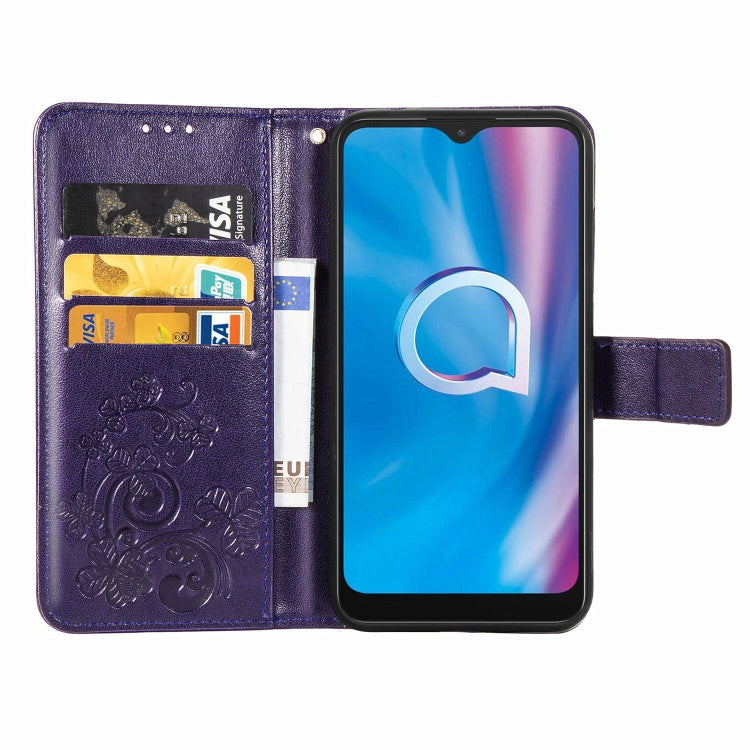 For  Alcatel 1S (2020) Four-leaf Clasp Embossed Buckle Mobile Phone Protection Leather Case with Lanyard & Card Slot & Wallet & Holder Function