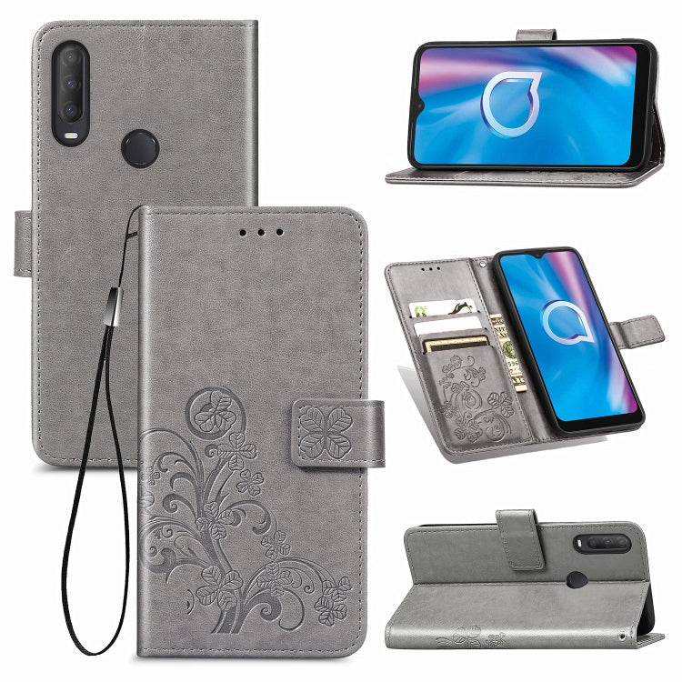 For  Alcatel 1S (2020) Four-leaf Clasp Embossed Buckle Mobile Phone Protection Leather Case with Lanyard & Card Slot & Wallet & Holder Function