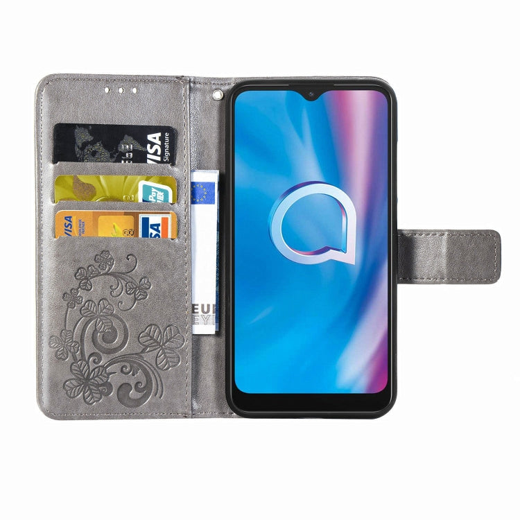 For  Alcatel 1S (2020) Four-leaf Clasp Embossed Buckle Mobile Phone Protection Leather Case with Lanyard & Card Slot & Wallet & Holder Function