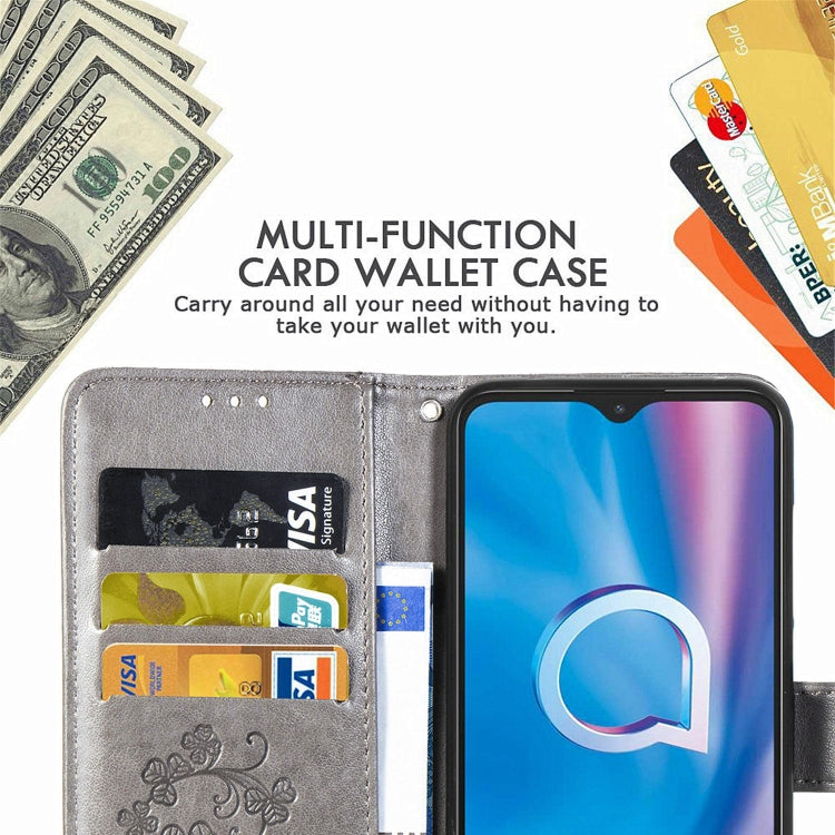 For  Alcatel 1S (2020) Four-leaf Clasp Embossed Buckle Mobile Phone Protection Leather Case with Lanyard & Card Slot & Wallet & Holder Function