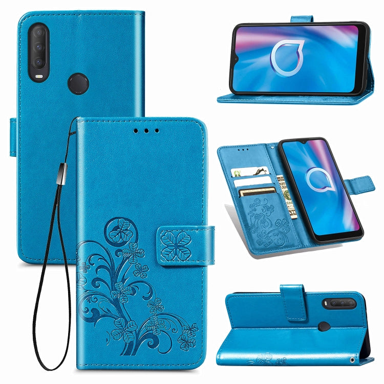 For  Alcatel 1S (2020) Four-leaf Clasp Embossed Buckle Mobile Phone Protection Leather Case with Lanyard & Card Slot & Wallet & Holder Function
