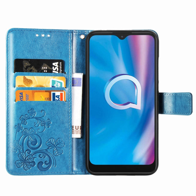 For  Alcatel 1S (2020) Four-leaf Clasp Embossed Buckle Mobile Phone Protection Leather Case with Lanyard & Card Slot & Wallet & Holder Function