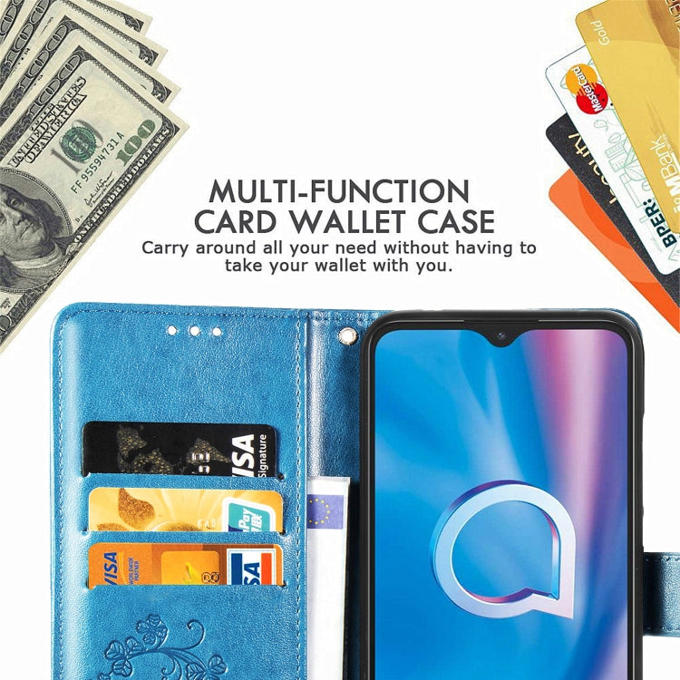 For  Alcatel 1S (2020) Four-leaf Clasp Embossed Buckle Mobile Phone Protection Leather Case with Lanyard & Card Slot & Wallet & Holder Function