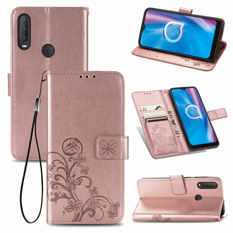 For  Alcatel 1S (2020) Four-leaf Clasp Embossed Buckle Mobile Phone Protection Leather Case with Lanyard & Card Slot & Wallet & Holder Function