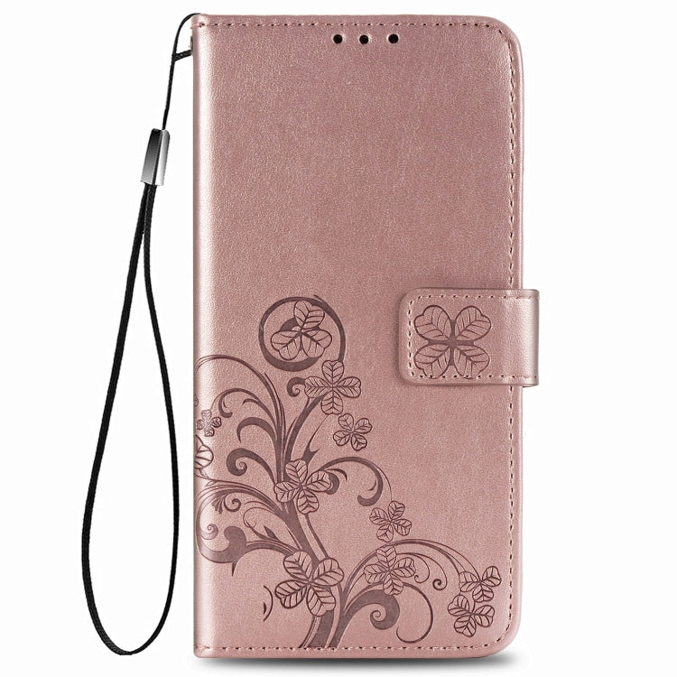 For  Alcatel 1S (2020) Four-leaf Clasp Embossed Buckle Mobile Phone Protection Leather Case with Lanyard & Card Slot & Wallet & Holder Function