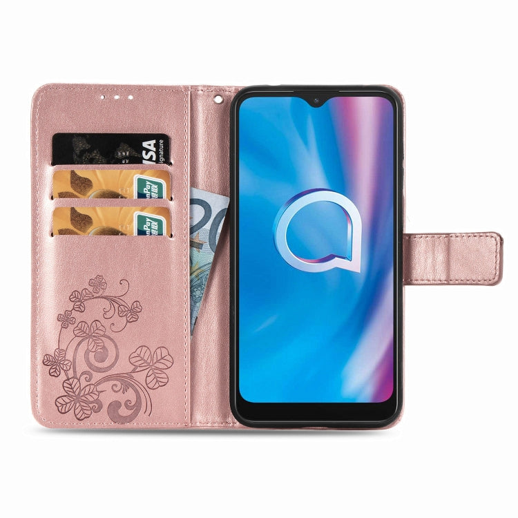 For  Alcatel 1S (2020) Four-leaf Clasp Embossed Buckle Mobile Phone Protection Leather Case with Lanyard & Card Slot & Wallet & Holder Function