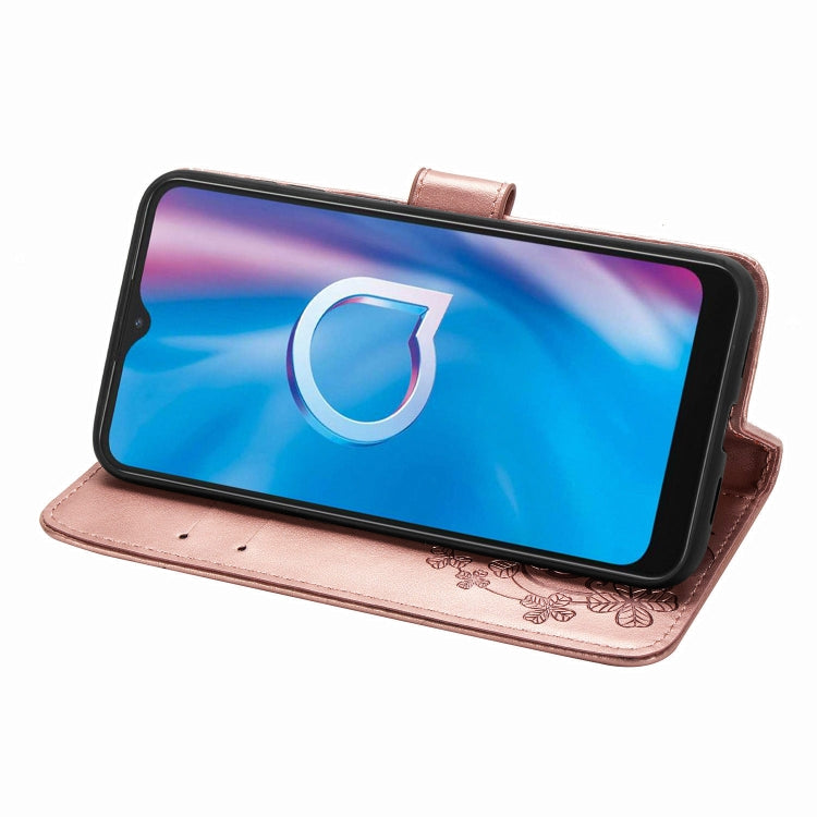 For  Alcatel 1S (2020) Four-leaf Clasp Embossed Buckle Mobile Phone Protection Leather Case with Lanyard & Card Slot & Wallet & Holder Function