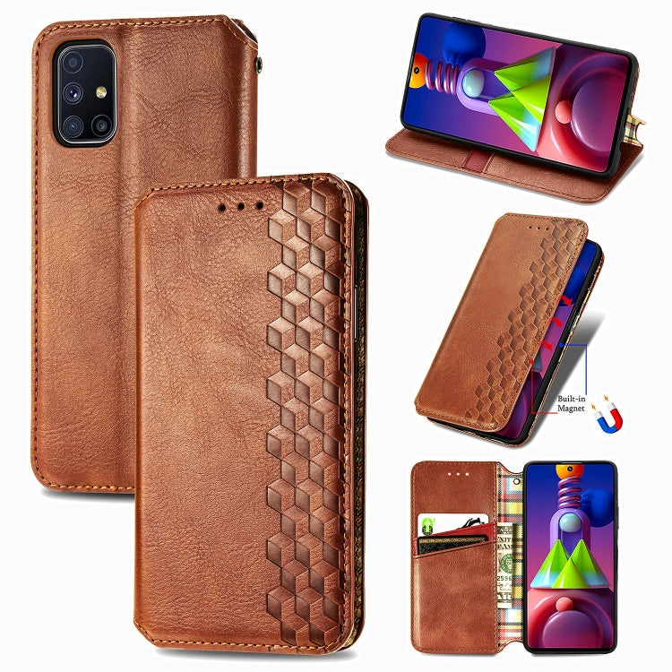 For Samsung Galaxy M51 Cubic Grid Pressed Horizontal Flip Magnetic PU Leather Case with Holder & Card Slots & Wallet