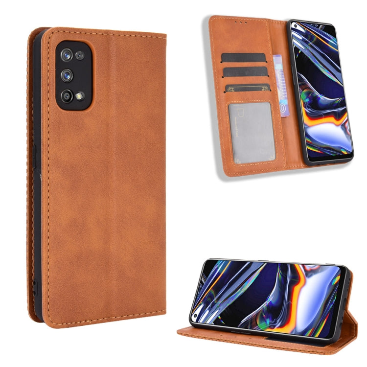 For OPPO Realme 7 Pro Magnetic Buckle Retro Crazy Horse Texture Horizontal Flip Leather Case  , with Holder & Card Slots & Photo Frame