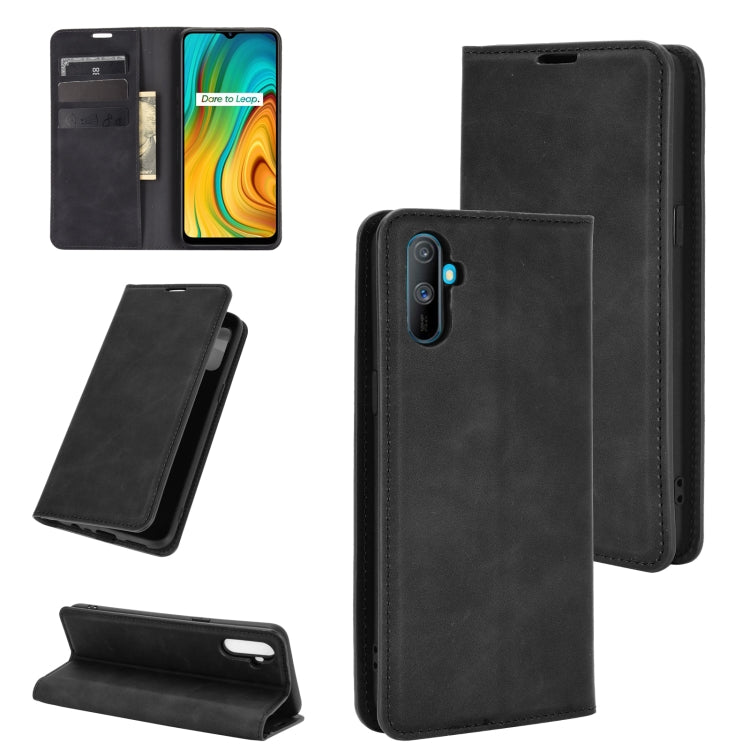 For OPPO Realme C3 without Fingerprint  Retro-skin Business Magnetic Suction Leather Case with Holder & Card Slots & Wallet