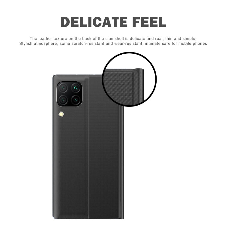 For Samsung Galaxy A42 Side Window Display Magnetic Suction Plain Grain Flip PU Leather + PC Case with Holder & Sleep / Wake-up Function