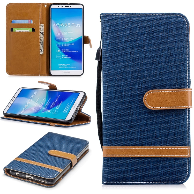 Color Matching Denim Texture Leather Case for Huawei Y9 2018 & Enjoy 8 Plus , with Holder & Card Slots & Wallet & Lanyard