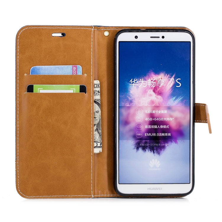 Color Matching Denim Texture Leather Case for Huawei P Smart / Enjoy 7S, with Holder & Card Slots & Wallet & Lanyard