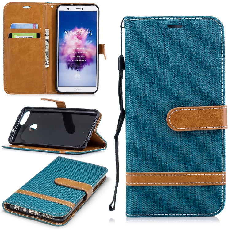 Color Matching Denim Texture Leather Case for Huawei P Smart / Enjoy 7S, with Holder & Card Slots & Wallet & Lanyard