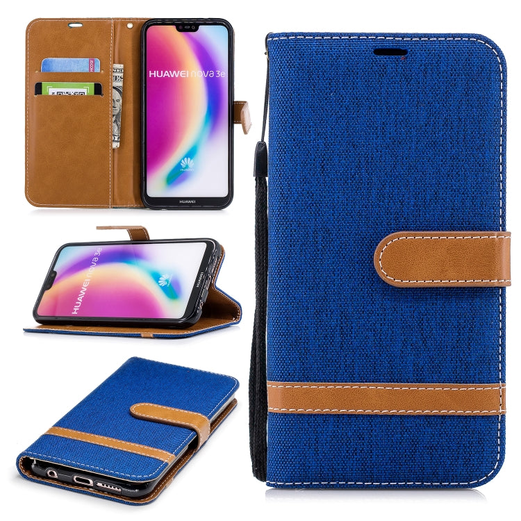 Color Matching Denim Texture Leather Case for Huawei  P20 Lite & Nove 3e , with Holder & Card Slots & Wallet & Lanyard