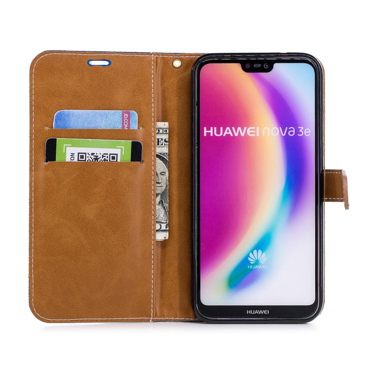 Color Matching Denim Texture Leather Case for Huawei  P20 Lite & Nove 3e , with Holder & Card Slots & Wallet & Lanyard