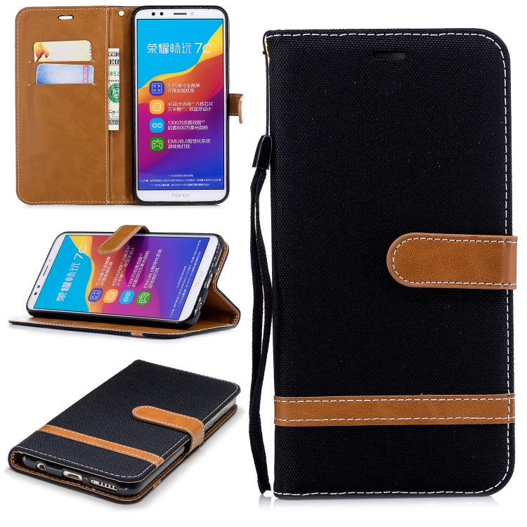 Color Matching Denim Texture Leather Case for Huawei Honor 7C / Enjoy 8, with Holder & Card Slots & Wallet & Lanyard