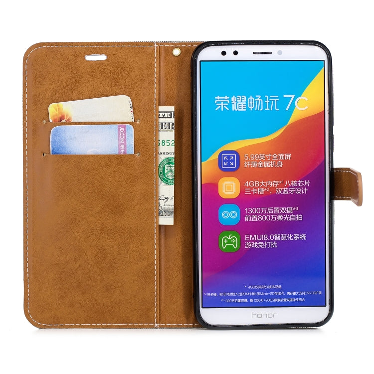 Color Matching Denim Texture Leather Case for Huawei Honor 7C / Enjoy 8, with Holder & Card Slots & Wallet & Lanyard