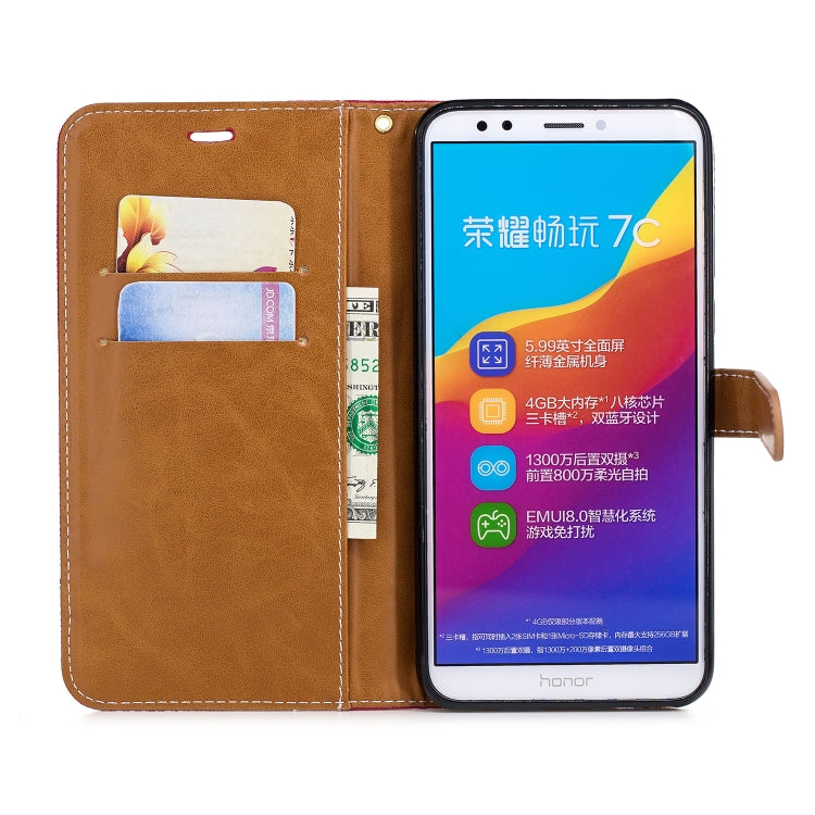 Color Matching Denim Texture Leather Case for Huawei Honor 7C / Enjoy 8, with Holder & Card Slots & Wallet & Lanyard