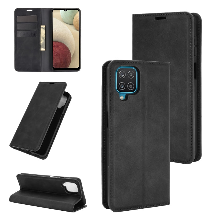 For Samsung Galaxy A12 Retro-skin Business Magnetic Suction Leather Case with Holder & Card Slots & Wallet