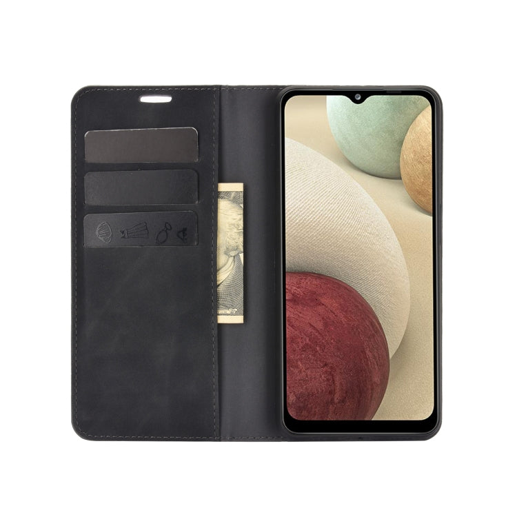 For Samsung Galaxy A12 Retro-skin Business Magnetic Suction Leather Case with Holder & Card Slots & Wallet