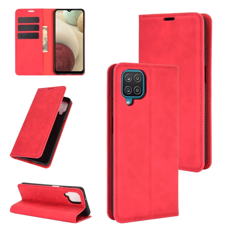 For Samsung Galaxy A12 Retro-skin Business Magnetic Suction Leather Case with Holder & Card Slots & Wallet