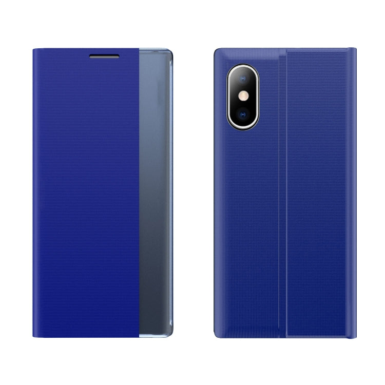 For iPhone X / XS Side Window Display Magnetic Suction Plain Grain Flip PU Leather + PC Case with Holder