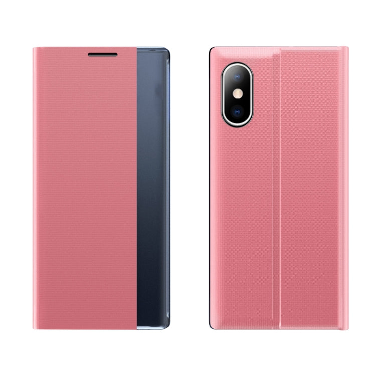 For iPhone X / XS Side Window Display Magnetic Suction Plain Grain Flip PU Leather + PC Case with Holder