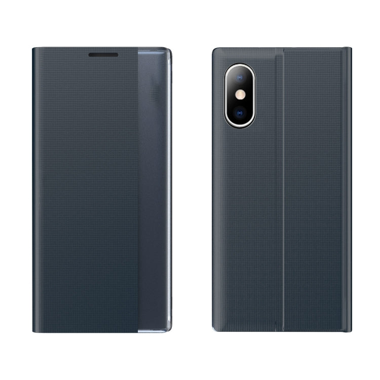 For iPhone XR Side Window Display Magnetic Suction Plain Grain Flip PU Leather + PC Case with Holder